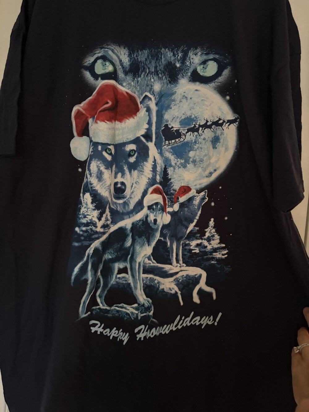 Unisex "Happy Hoowlidays" XXL Holiday Xmas Wolf T-Shirt Navy Blue New Wolves